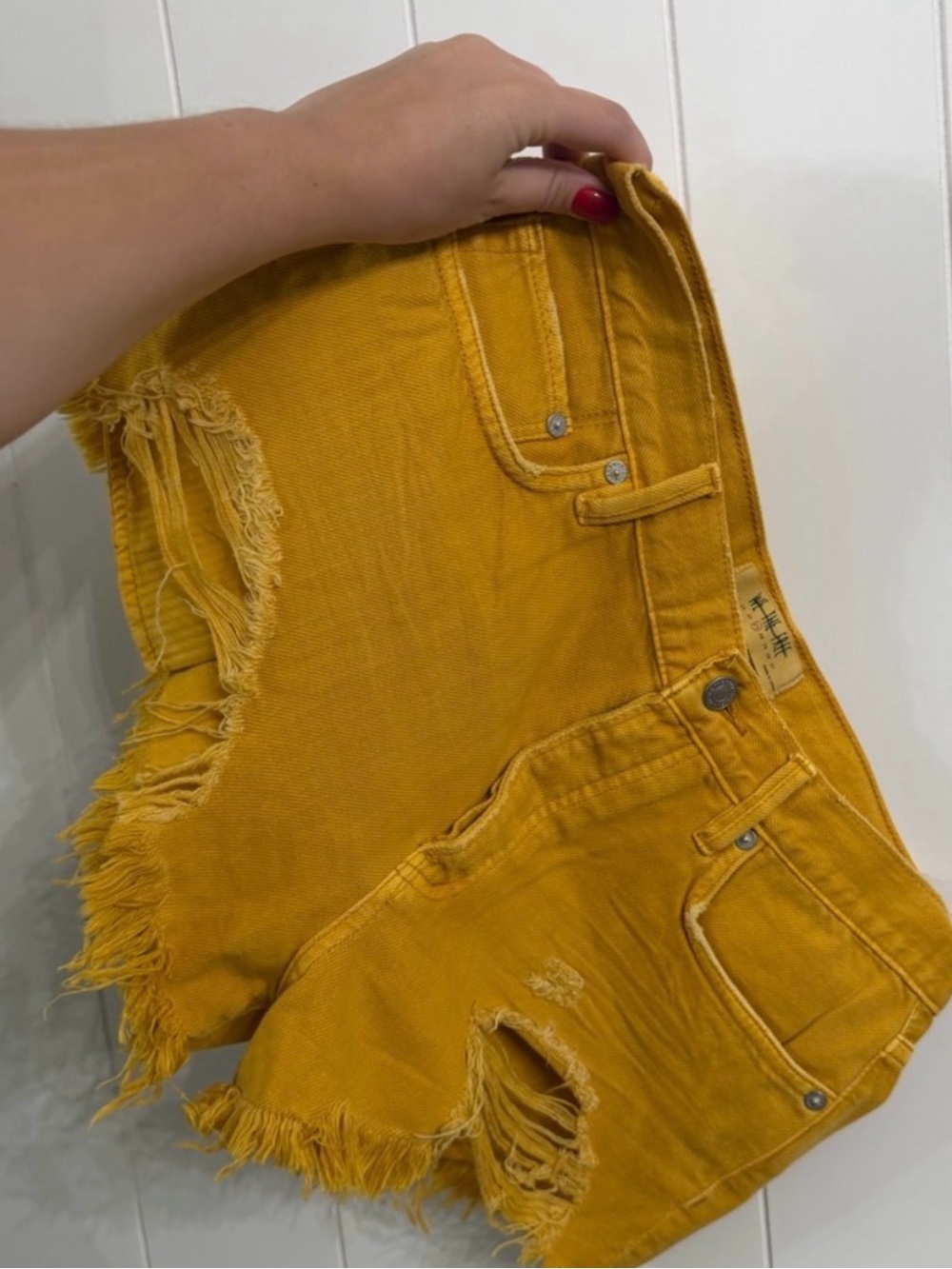 We The Free Mustard Yellow Distressed Denim Cutoff Shorts Festival Cochella Vibe